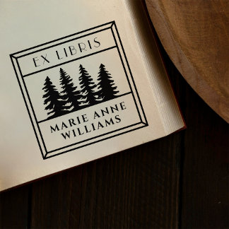 Retro Vintage Pine Trees Ex Libris Library Rubber Stamp