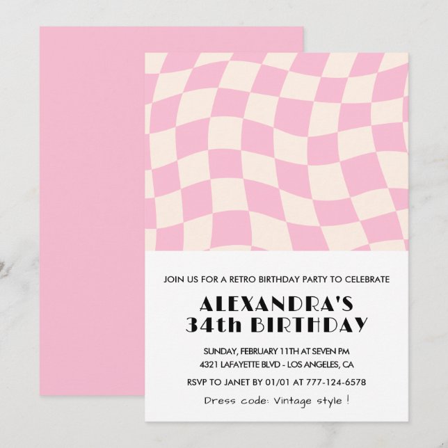 Retro Vintage Pink 34th Chequered  birthday Invitation (Front/Back)