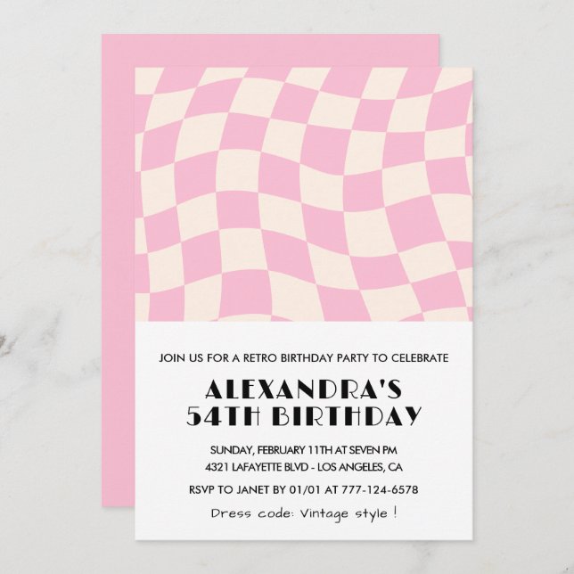 Retro Vintage Pink 54th Chequered  birthday Invitation (Front/Back)