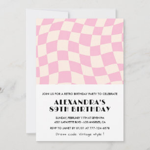 Retro Vintage Pink Chequered 89th birthday Invitation
