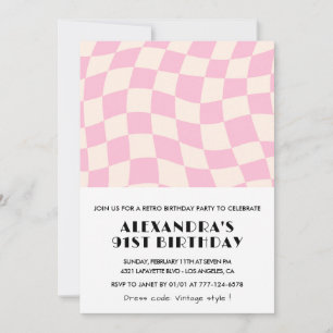 Retro Vintage Pink Chequered 91st birthday Invitation