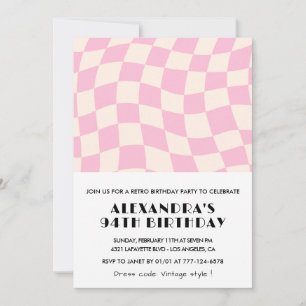 Retro Vintage Pink Chequered 94th birthday Invitation