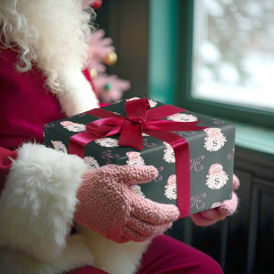 Retro Vintage Pink Christmas Santa Claus Monogram Wrapping Paper