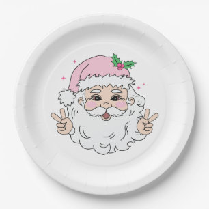 Retro Vintage Pink Christmas Santa Paper Plate