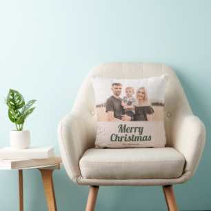 Retro Vintage Pink Stripes Green Merry Christmas Cushion
