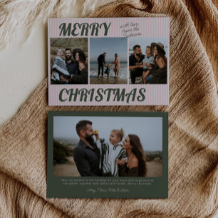 Retro Vintage Pink Stripes Photo Christmas Holiday Card