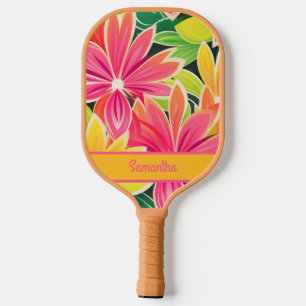 Retro Vintage Pink Yellow Green Flowers Name Pickleball Paddle