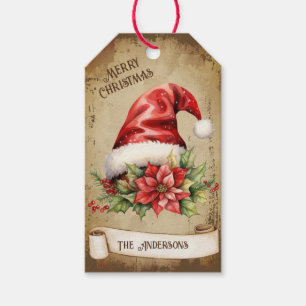 Retro Vintage Poinsettia Red Berries Red Santa Hat Gift Tags