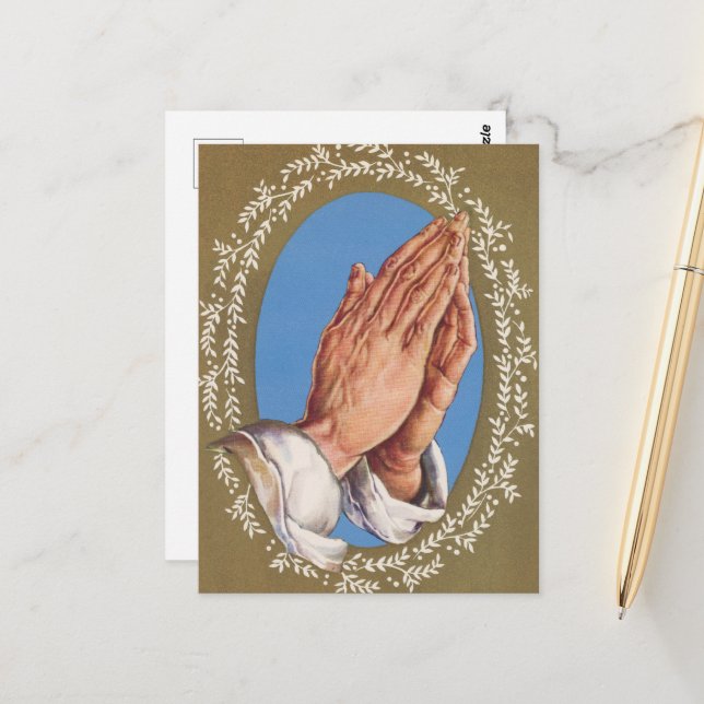 retro vintage praying hands Christmas Postcard (Front/Back In Situ)