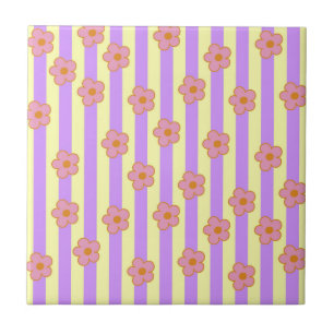 Retro Vintage Purple Stripe Flower Pattern Ceramic Tile