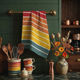 Retro vintage rainbow sunset stripes tea towel