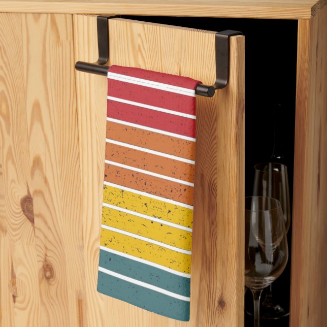 Retro vintage rainbow sunset stripes  tea towel (Thirds Fold)