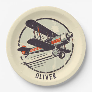 Retro Vintage Red and Green Biplane Paper Plate