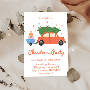 Retro Vintage Red Car Christmas Party Invitation