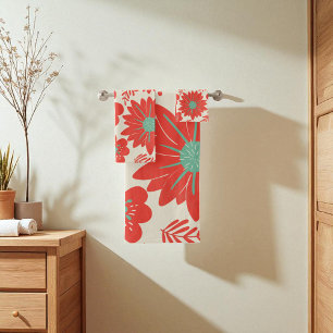 Retro Vintage Red Green Floral Bath Towel Set