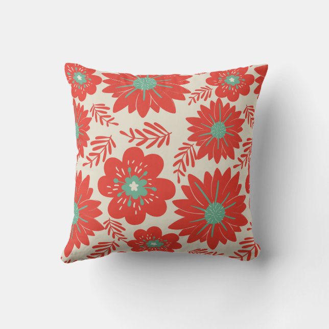 Retro Vintage Red Green Floral Cushion (Back)