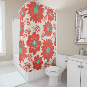 Retro Vintage Red Green Floral Shower Curtain