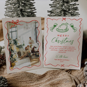 Retro Vintage Red Green Hand Drawn Photo Christmas Holiday Card