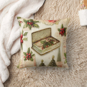 Retro Vintage Red Green Holly Christmas Holiday  Cushion