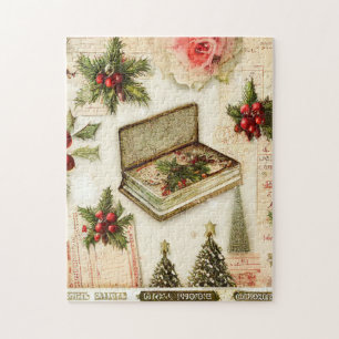 Retro Vintage Red Green Holly Christmas Holiday  Jigsaw Puzzle