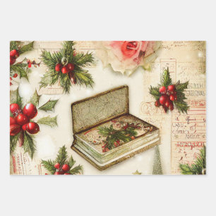 Retro Vintage Red Green Holly Christmas Holiday Wrapping Paper Sheet