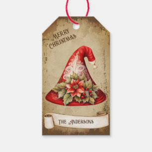Retro Vintage Red Poinsettia on Red Christmas Hat Gift Tags