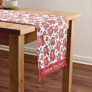 Retro Vintage Red Roses Green Leaves Personalised Short Table Runner