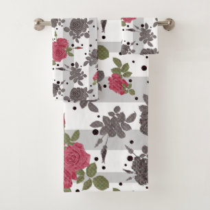 Retro vintage red roses seamless pattern polka dot bath towel set