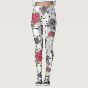 Retro vintage red roses seamless pattern polka dot leggings