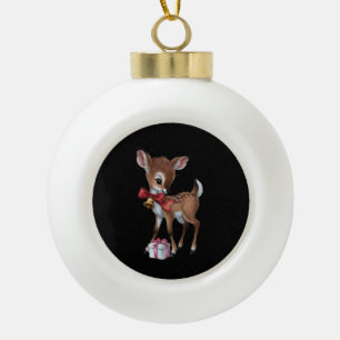 Retro Vintage Reindeer Pink Christmas Baby Deer Ceramic Ball Christmas Ornament