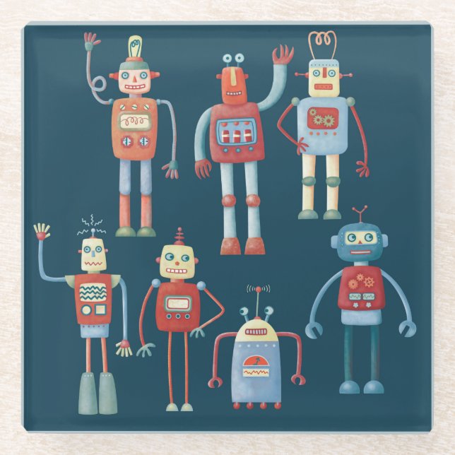 Retro Vintage Robots Glass Coaster (Front)