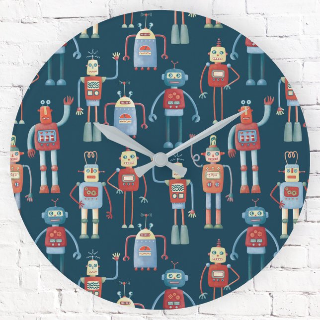 Retro Vintage Robots Round Clock (Fun retro robot clock)