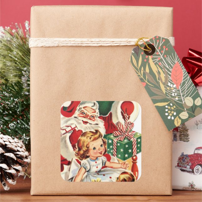 retro vintage Santa and child Square Sticker (Holiday)