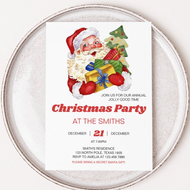 Retro Vintage Santa Christmas Party Invitation (Retro Santa Christmas Party Invitation)