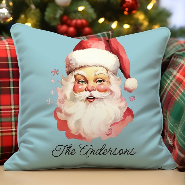 Retro Vintage Santa Claus Blue Christmas Cushion (Creator Uploaded)