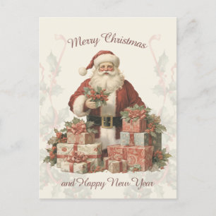 Retro Vintage Santa Holly Merry Christmas  Postcard