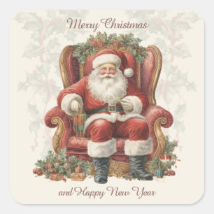 Retro Vintage Santa Merry Christmas Happy New Year Square Sticker