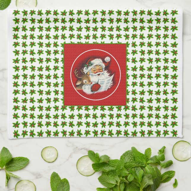 Retro Vintage Santa, Reindeer and Holly Tea Towel (Folded)