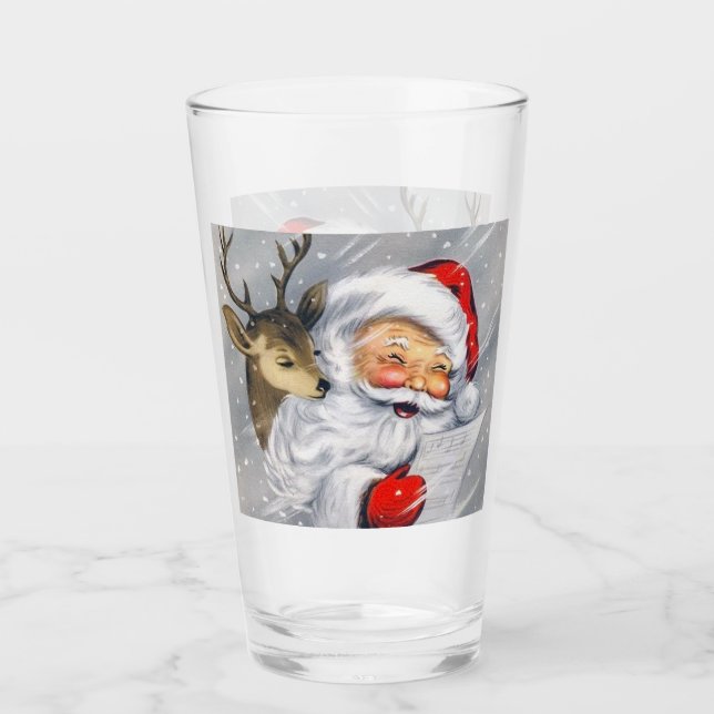 retro vintage Santa reindeer Holiday Glass (Front)