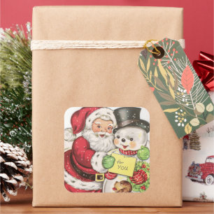 retro vintage Santa snowman Holiday Square Sticker
