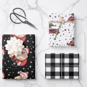 Retro Vintage Santa Tree On Car & Plaid Wrapping Paper Sheet