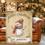 Retro Vintage Snowman Custom Merry Christmas Fleece Blanket<br><div class="desc">Beautiful retro vintage illustration of a snowman wearing a hat and paid scarf on a retro grunge background and frame for an aged or vintage look. Design features a vintage scroll ribbon for your personalisation of this cute and adorable Christmas blanket.</div>