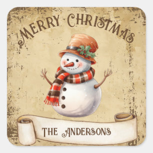 Retro Vintage Snowman Custom Merry Christmas Square Sticker