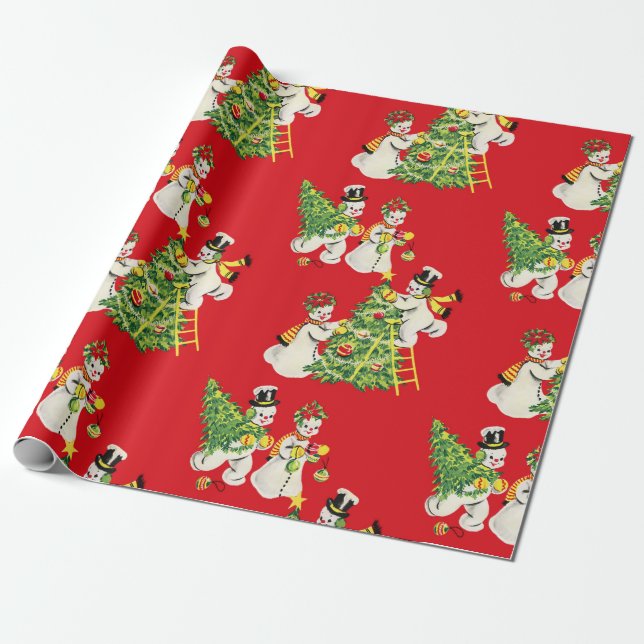 Retro Vintage Snowmen Wrapping Paper (Unrolled)