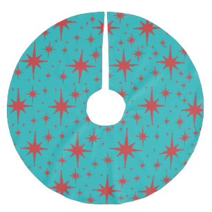 Retro Vintage Stars Turquoise and Red Brushed Polyester Tree Skirt
