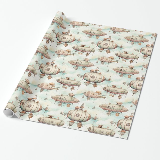 Retro Vintage Steampunk Blimp Wrapping Paper (Unrolled)