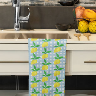 Retro Vintage Style Yellow Lemons Blue White Check Tea Towel