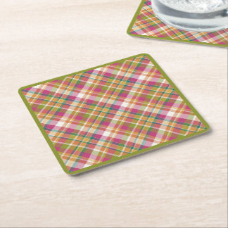 Retro Vintage Summer Plaid Tartan Squares Pattern Square Paper Coaster