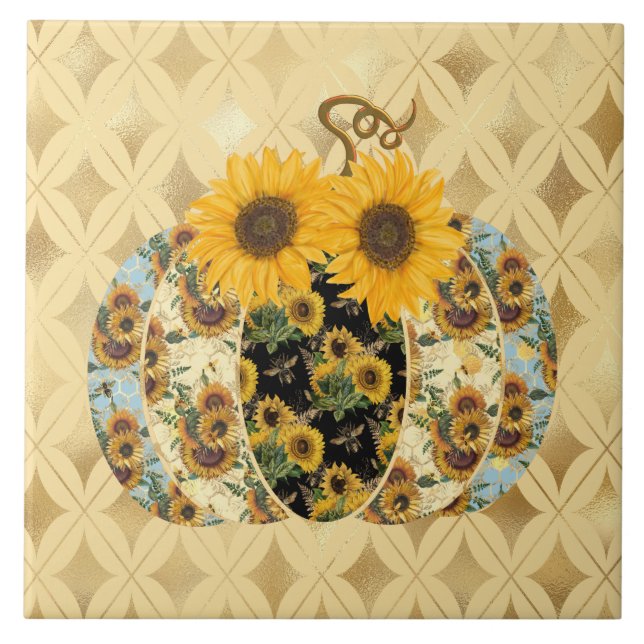 Retro Vintage Sunflower Pumpkin Ceramic Tile (Front)