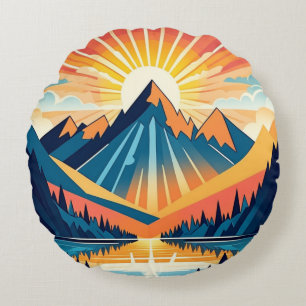 Retro Vintage Sunset Landscape  Round Cushion